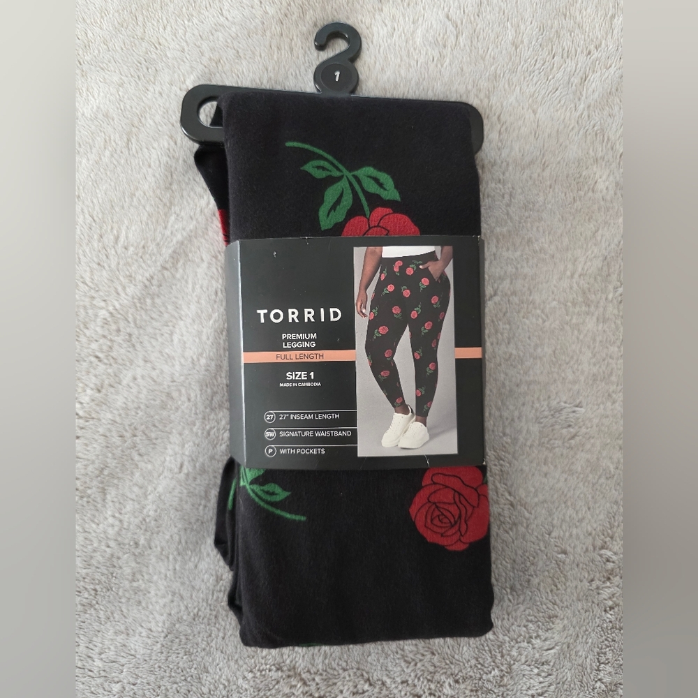 Torrid Black Leggings with Red Rose Design